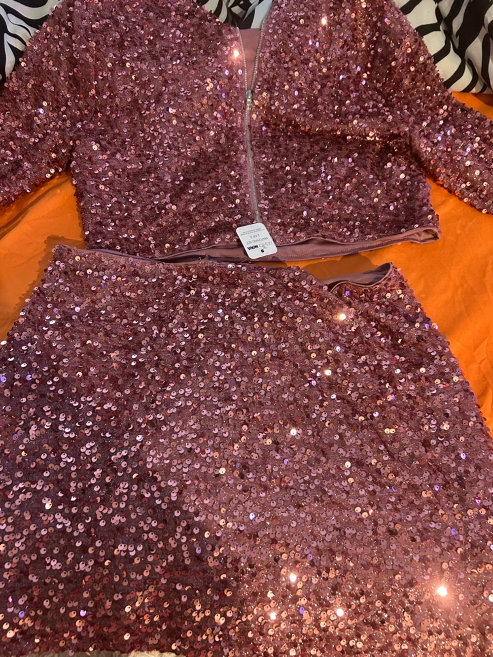 Fashion Nova Rose Pink Sequin Crop Jacket & Skirt Set